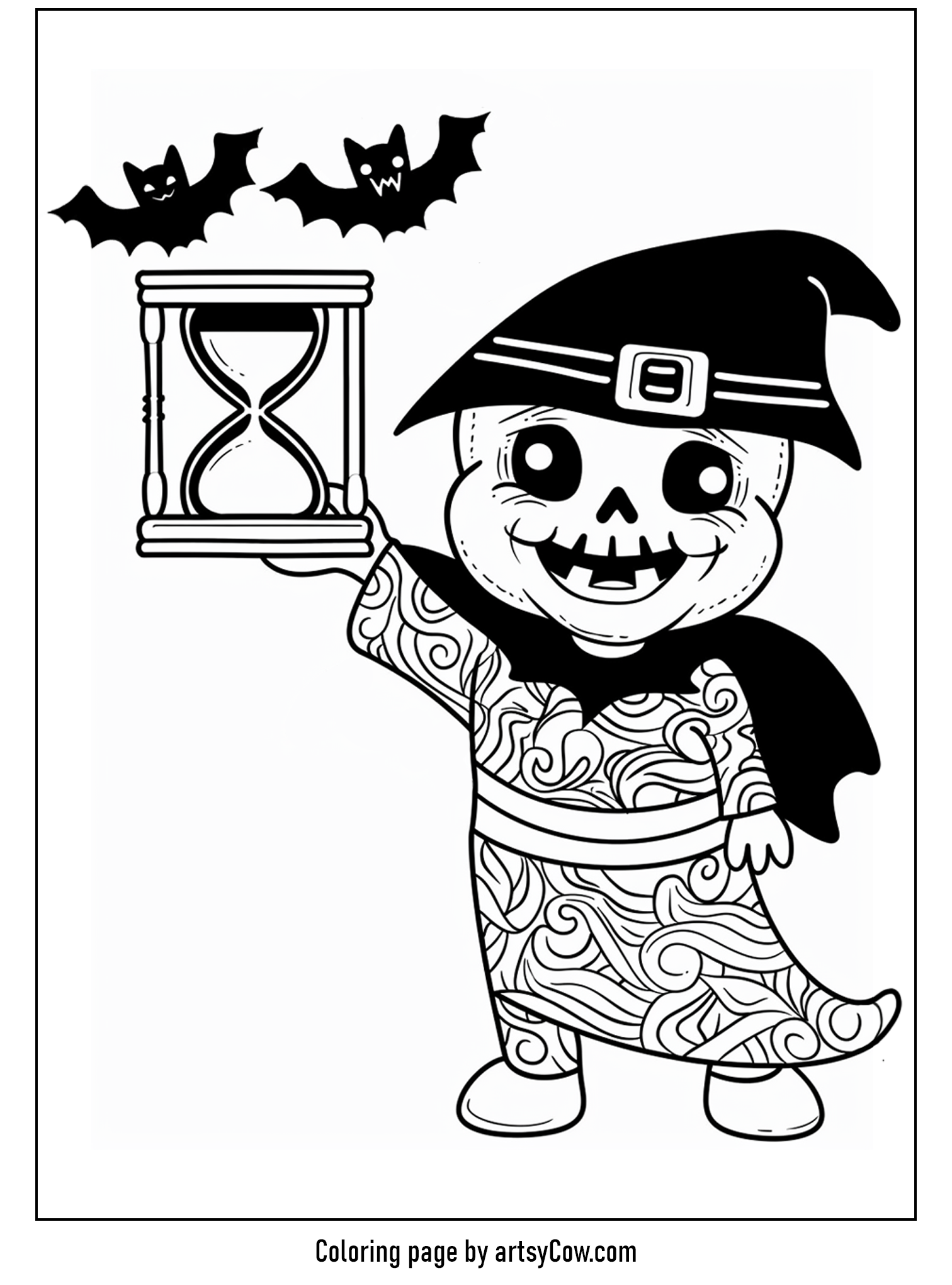 a cute skeleton holding an hourglass with bats flying above